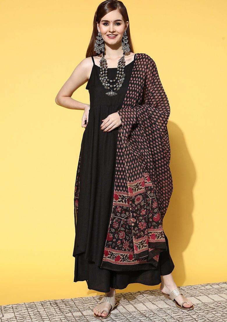 Black Solid Viscose Anarkali Set - Indya