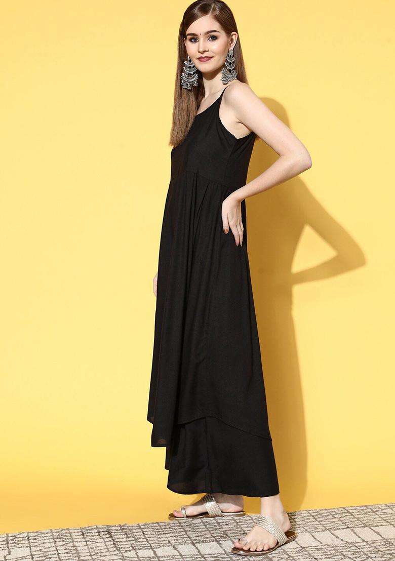 Black Solid Viscose Anarkali Set - Indya