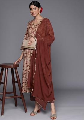 Brown Printed Cotton Kurta Set
