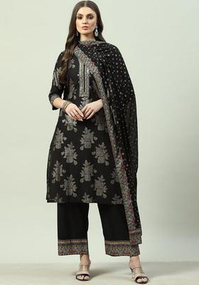 Black Printed Cotton Kurta Set