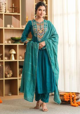 Teal Embroidered Silk Blend Anarkali Set
