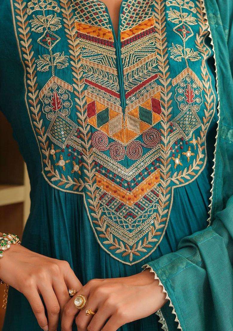 Teal Embroidered Silk Blend Anarkali Set - Indya