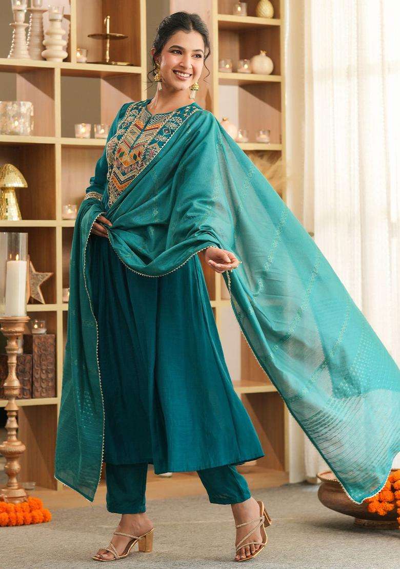 Teal Embroidered Silk Blend Anarkali Set - Indya