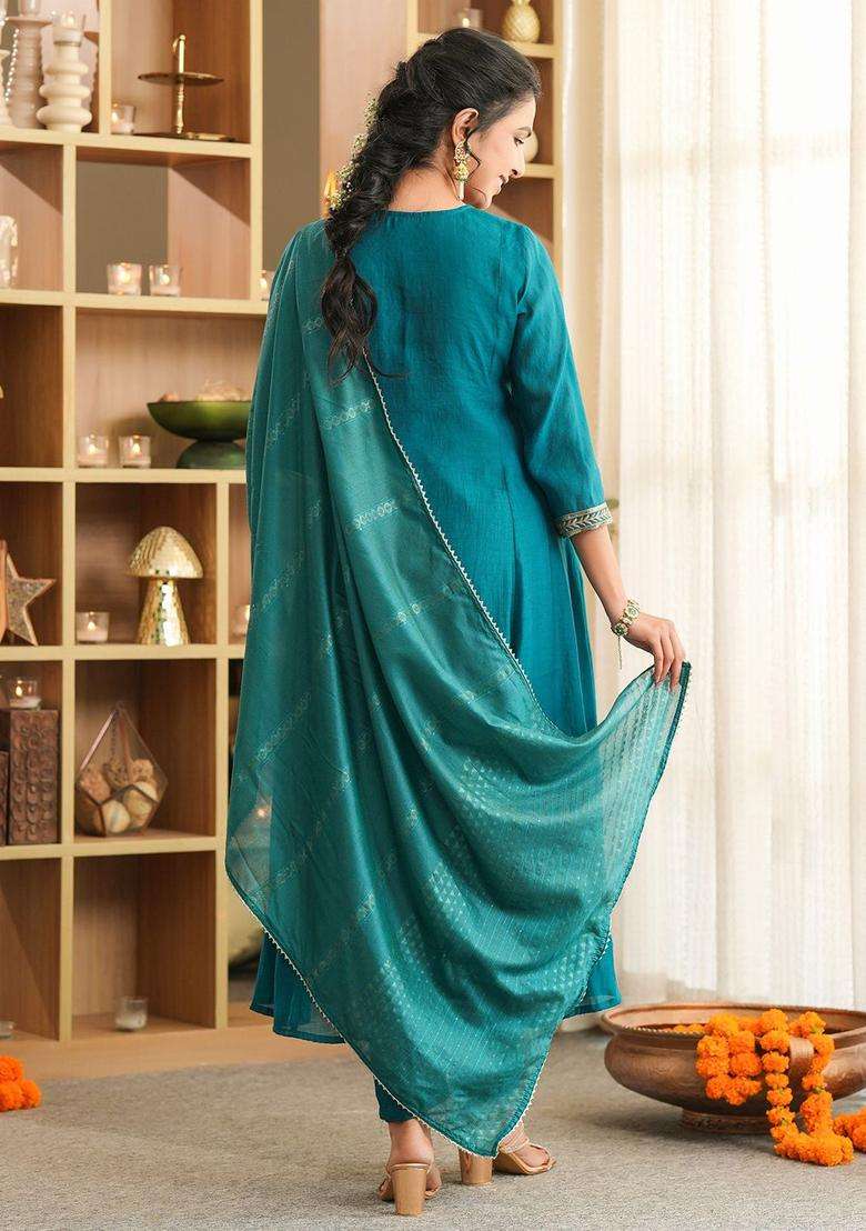 Teal Embroidered Silk Blend Anarkali Set - Indya