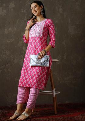 Pink Printed Viscose Kurta Set