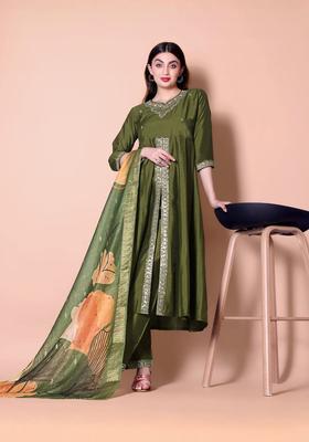 Olive Embroidered Silk Blend Kurta Set