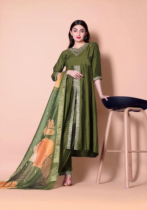 Olive Embroidered Silk Kurta Set