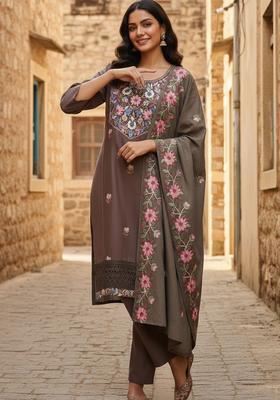 Brown Embroidered Cotton Kurta Set