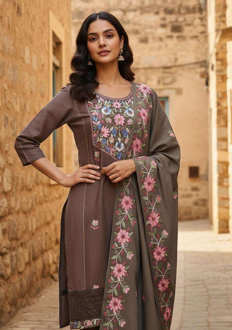 Brown Embroidered Cotton Kurta Set - Indya