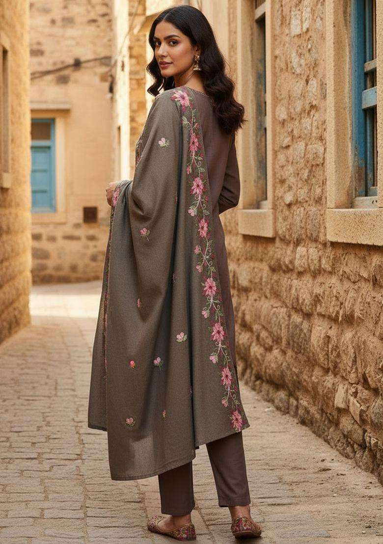 Brown Embroidered Cotton Kurta Set - Indya