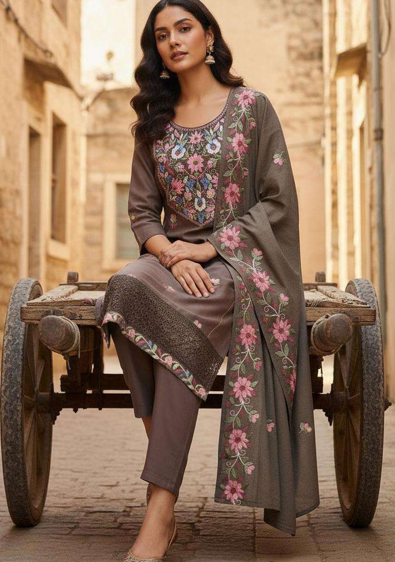 Brown Embroidered Cotton Kurta Set - Indya