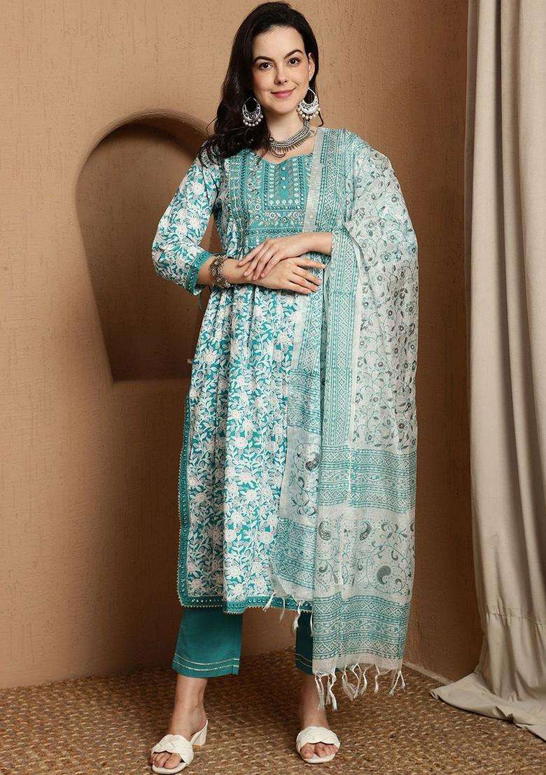 Turquoise Blue Printed Cotton Kurta Set - Indya