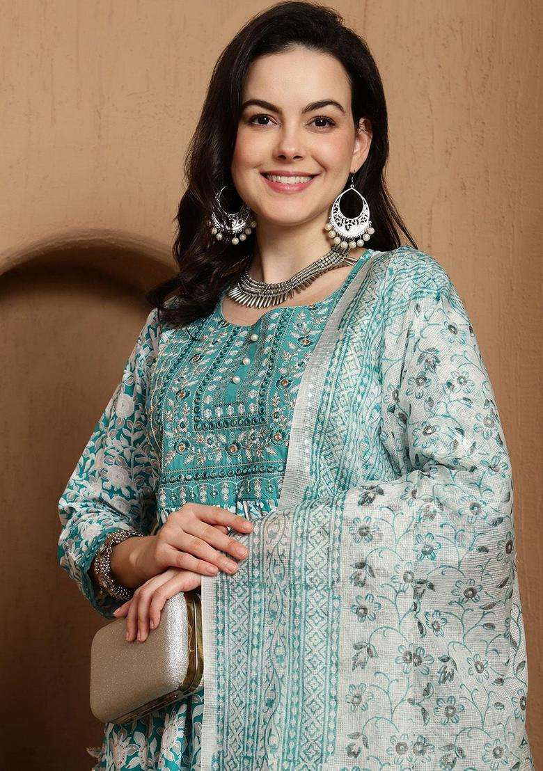 Turquoise Blue Printed Cotton Kurta Set - Indya