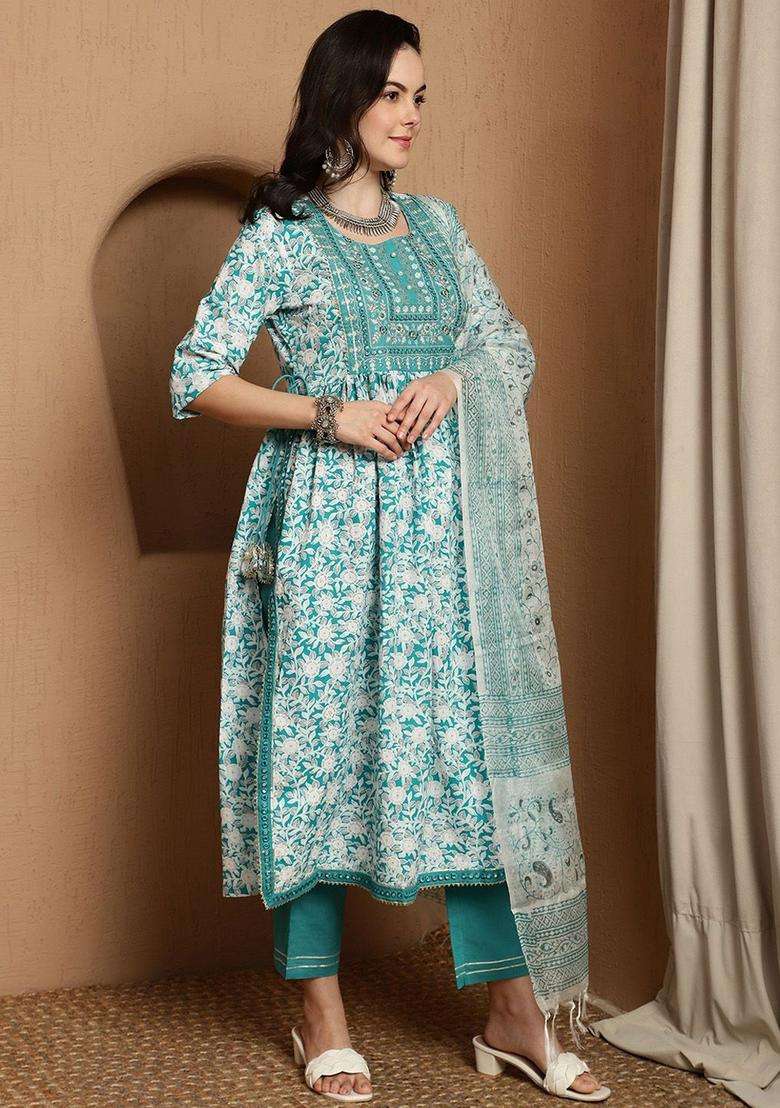 Turquoise Blue Printed Cotton Kurta Set - Indya
