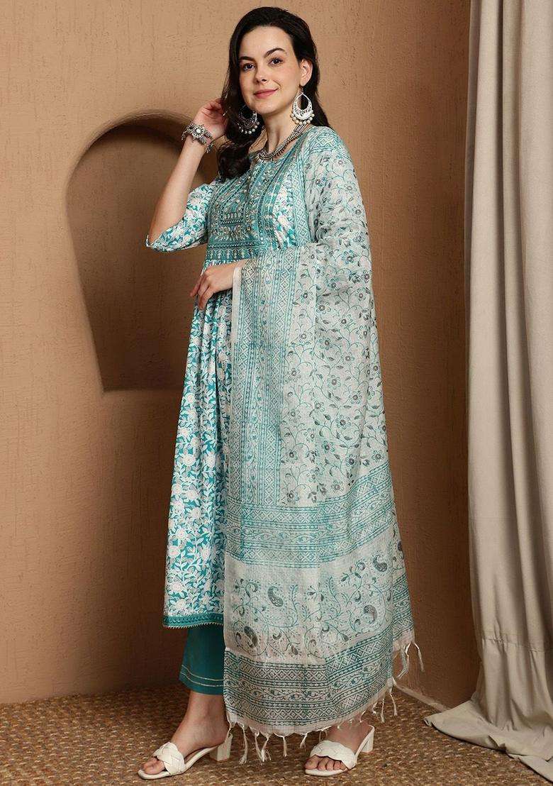 Turquoise Blue Printed Cotton Kurta Set - Indya