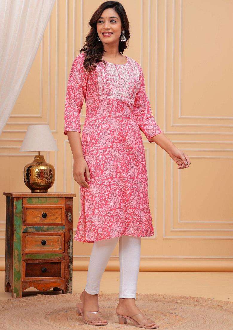 Pink Printed Cotton Kurta Set - Indya