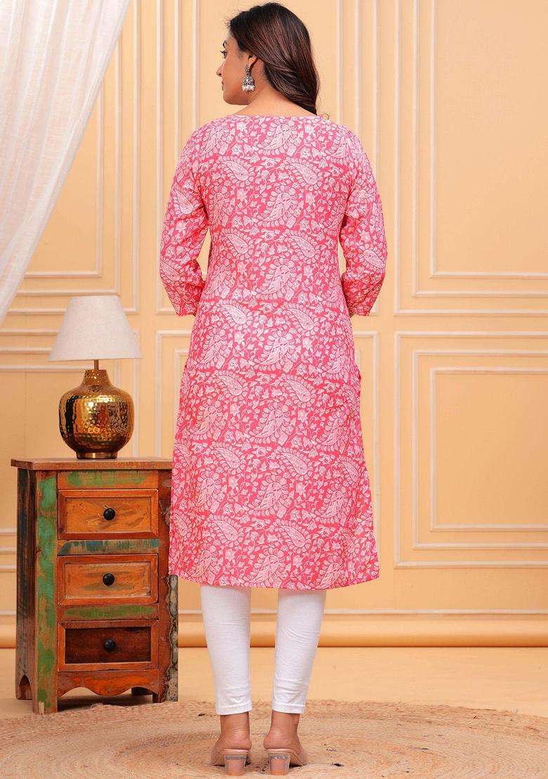 Pink Printed Cotton Kurta Set - Indya
