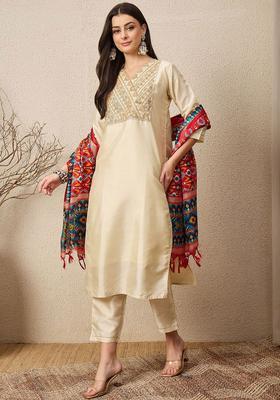 Beige Yoke Design Silk Blend Kurta Set