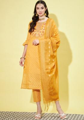 Yellow Woven Design Silk Blend Kurta Set