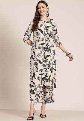 Cream Printed Linen Kurta Set