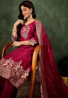 Red Woven Design Silk Blend Kurta Set