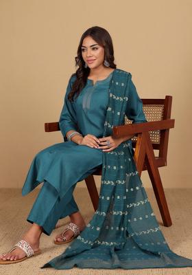 Blue Yoke Design Cotton Kurta Set