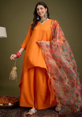 Orange Solid Viscose Kurta Set