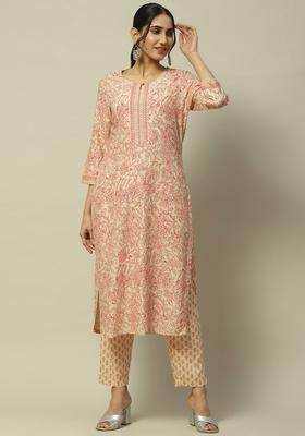 Beige Printed Viscose Kurta Set