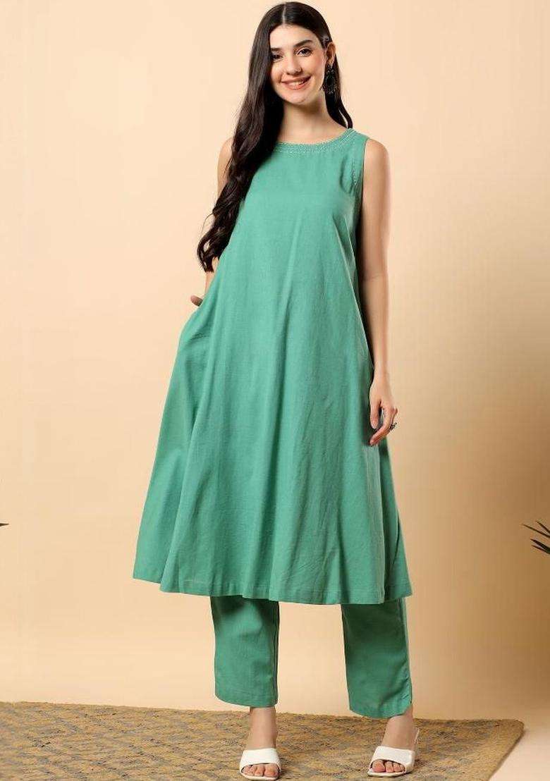 Sea Green Solid Blended Kurta Set - Indya