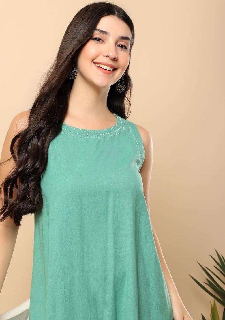 Sea Green Solid Blended Kurta Set - Indya