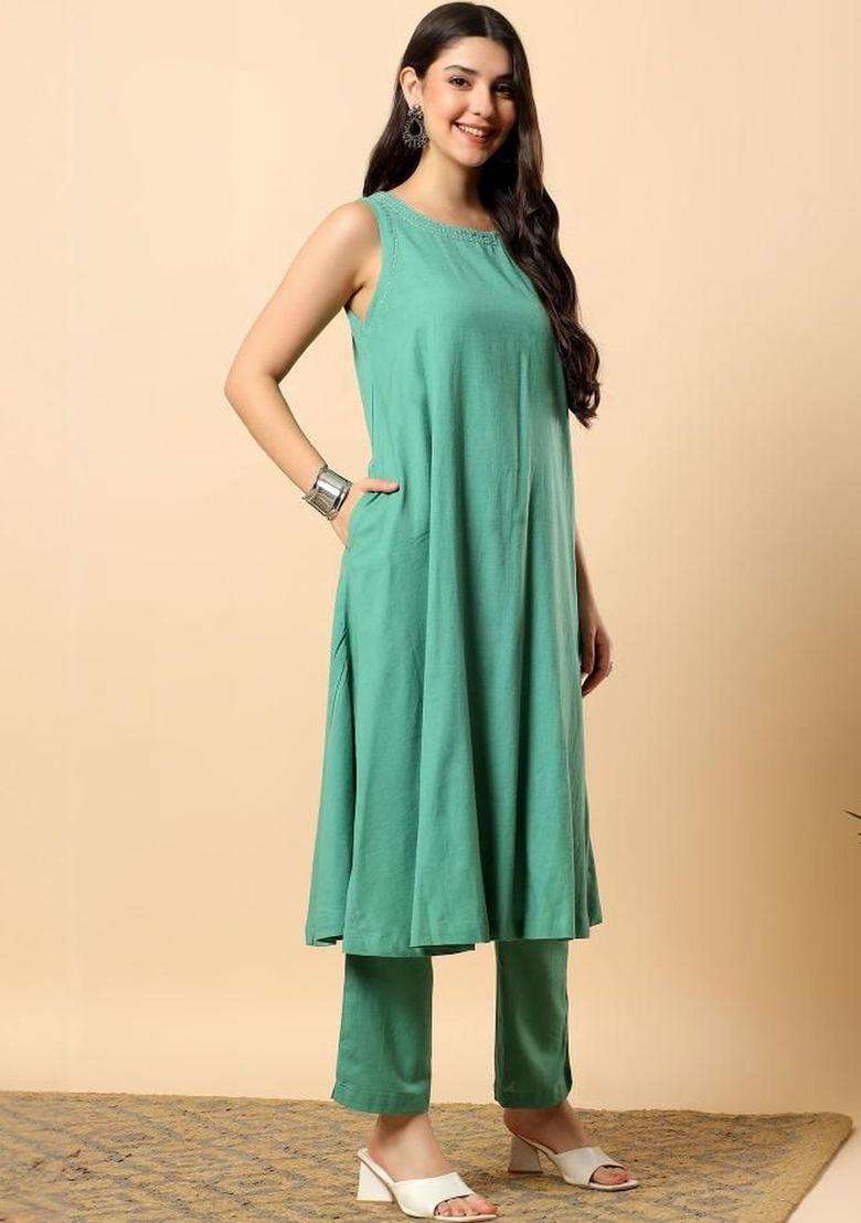 Sea Green Solid Blended Kurta Set - Indya