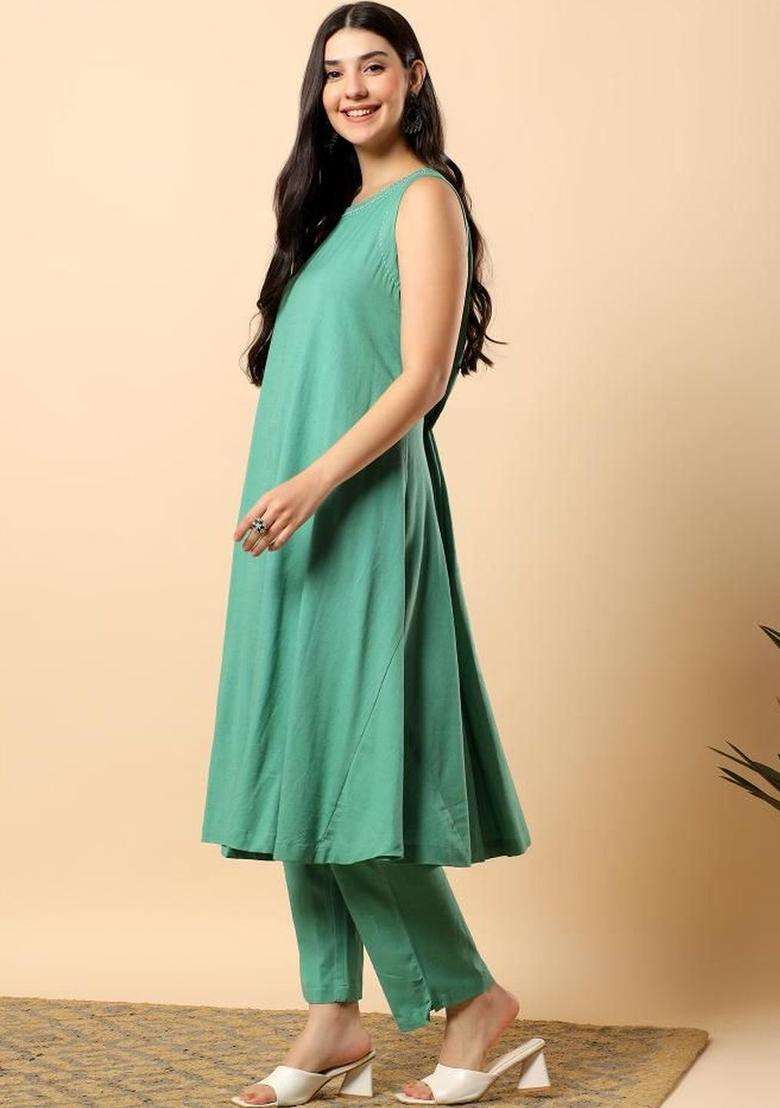 Sea Green Solid Blended Kurta Set - Indya