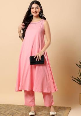 Pink Solid Blended Kurta Set