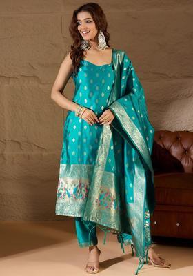 Turquoise Blue Woven Design Cotton Kurta Set