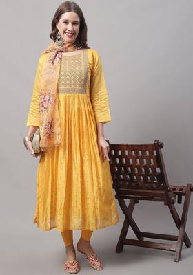 Yellow Woven Design Silk Blend Kurta Set
