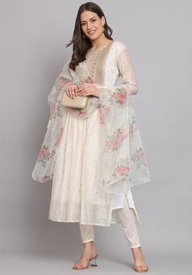 White Woven Design Silk Blend Kurta Set