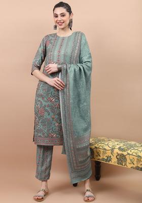 Turquoise Blue Printed Polyester Kurta Set