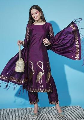 Purple Printed Silk Kurta Set