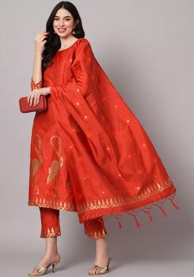 Red Woven Design Silk Blend Kurta Set