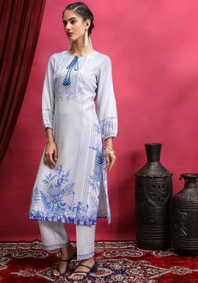 Blue Printed Polyester Kurta Set