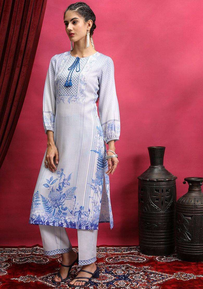 Blue Printed Polyester Kurta Set - Indya