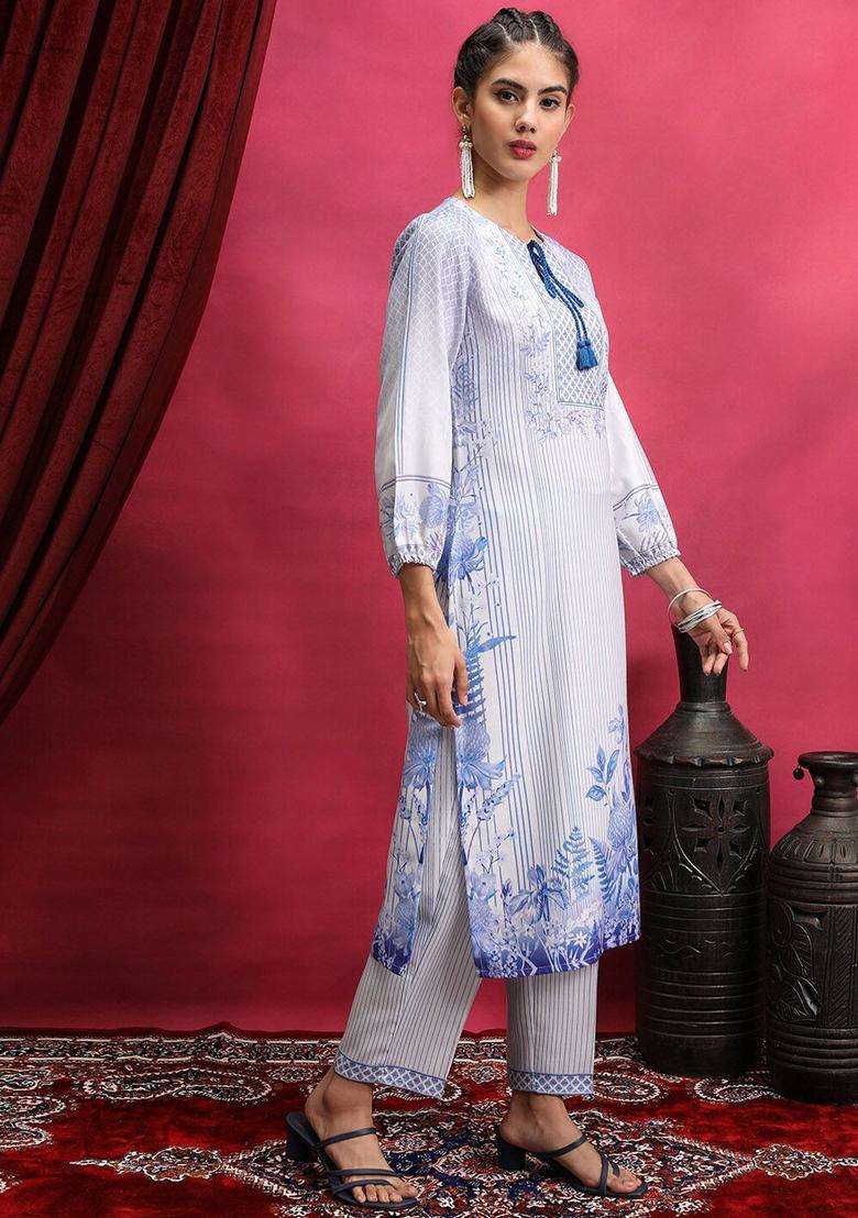 Blue Printed Polyester Kurta Set - Indya