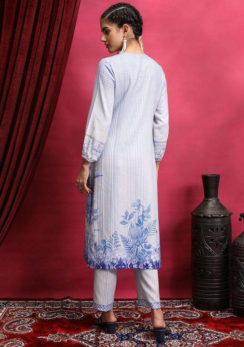 Blue Printed Polyester Kurta Set - Indya