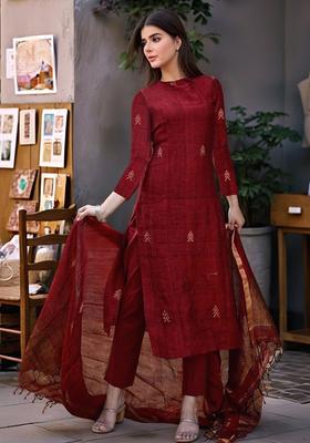 Maroon Printed Viscose Kurta Set