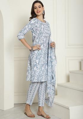 Grey Printed Cotton Kurta Set