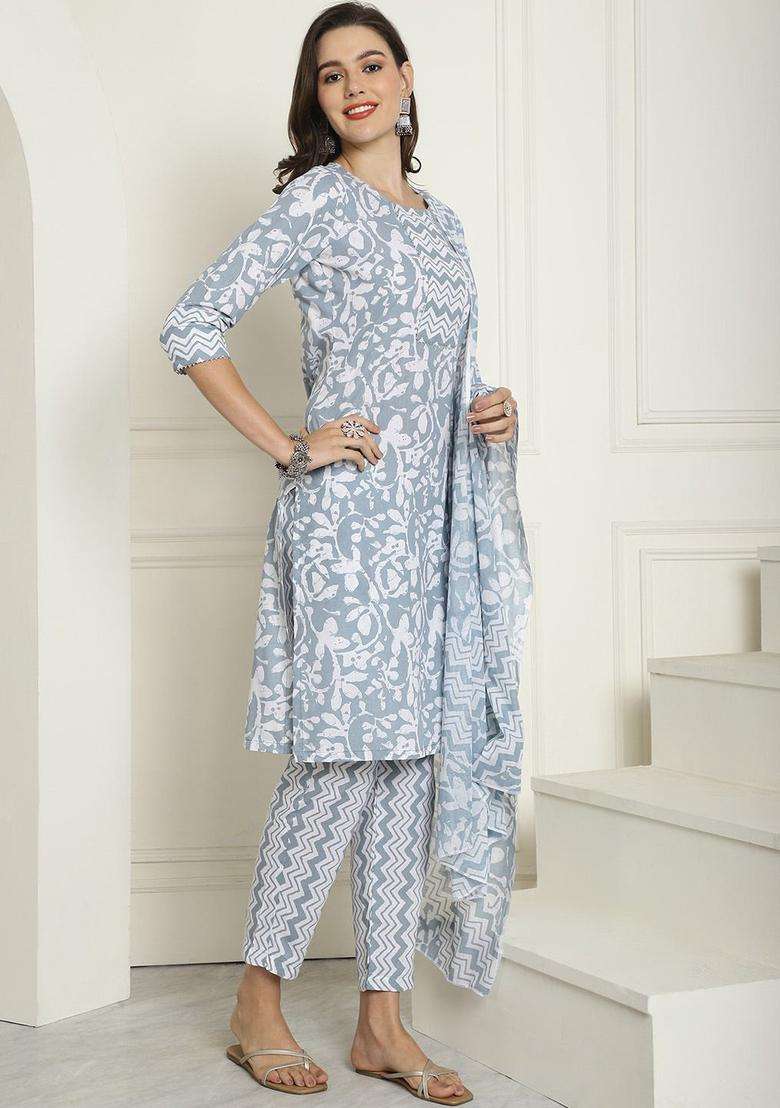 Grey Printed Cotton Kurta Set - Indya