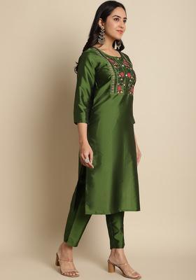 Green Solid Cotton Kurta Set