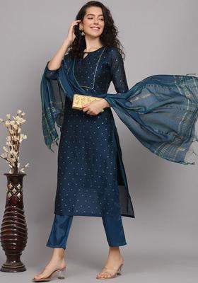 Navy Blue Woven Design Silk Blend Kurta Set