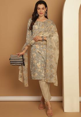 Grey Printed Cotton Kurta Set