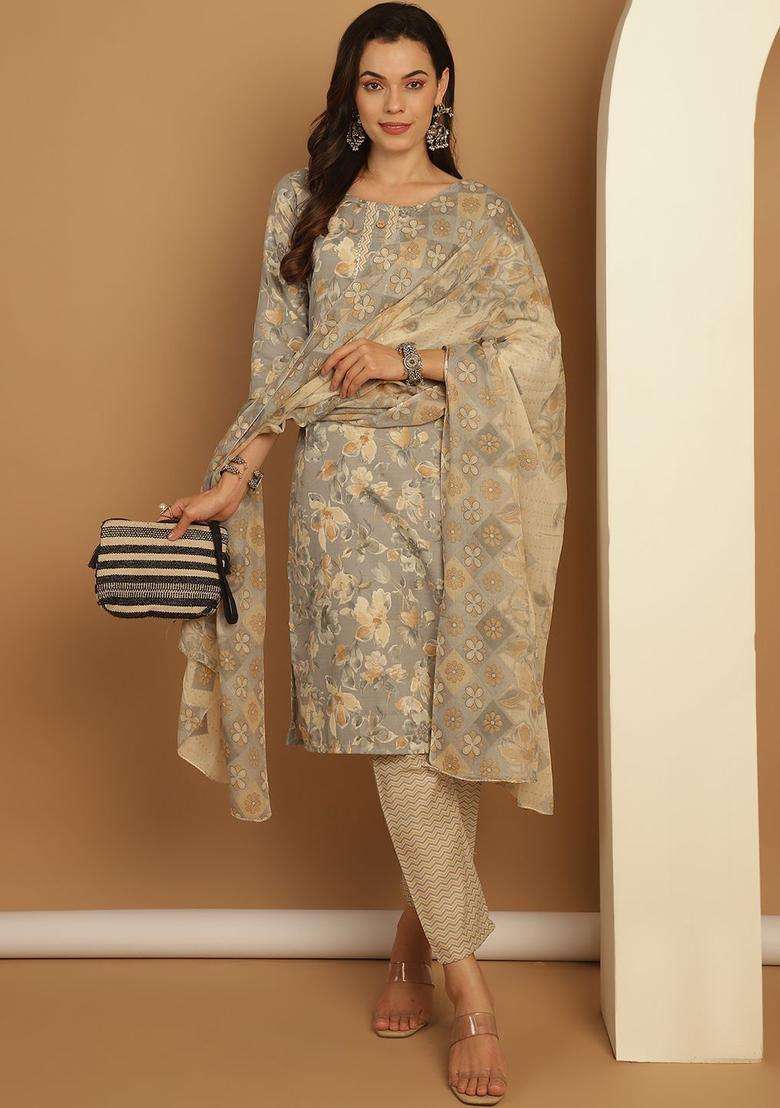 Grey Printed Cotton Kurta Set - Indya